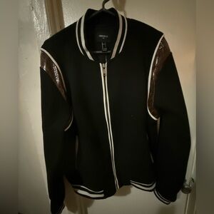Black Bomber Jacket with White Trim and Brown Snake Skin Detail